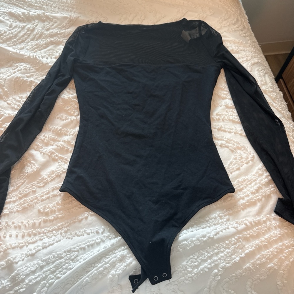 Black Long Sleeve Bodysuit see-through sleeves and upper chest